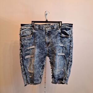 Evolution in Design Men's Shorts Distressed Ripped Fringe Blue Denim Size 42